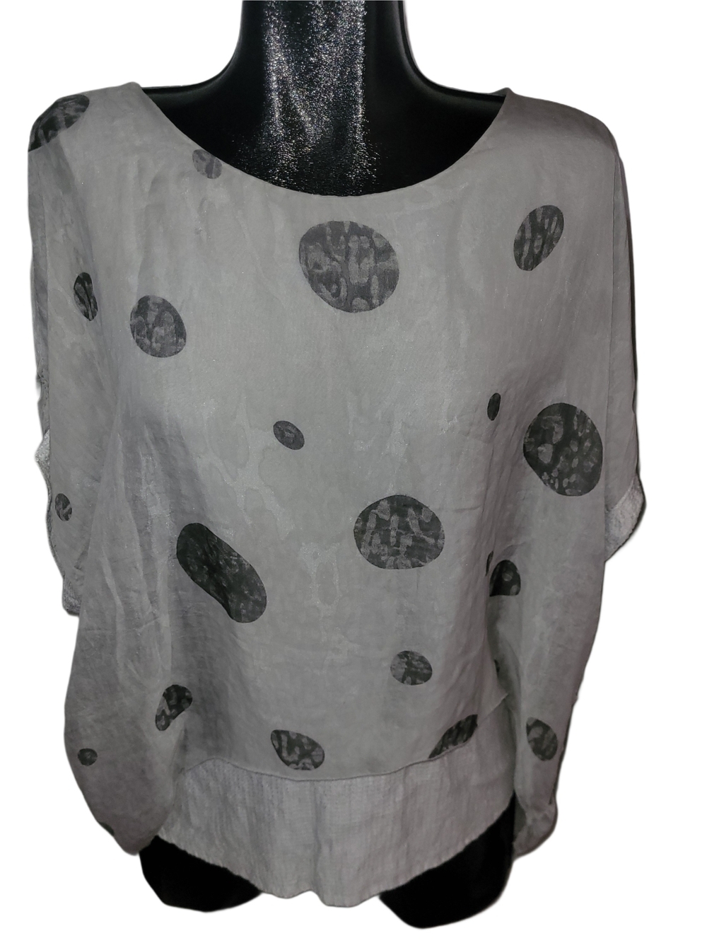 Elena Baldi 100% Silk Light Gray Polka Dot And Sequins Short Sleeve Top Size S